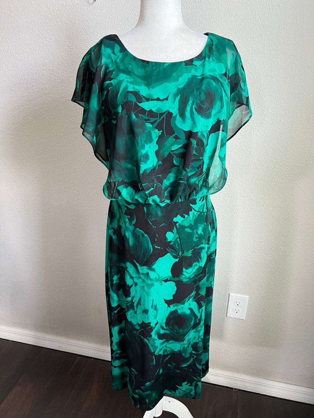 Connected Apparel Green Floral Blouson Midi Dress Women's 10 Formal Modest